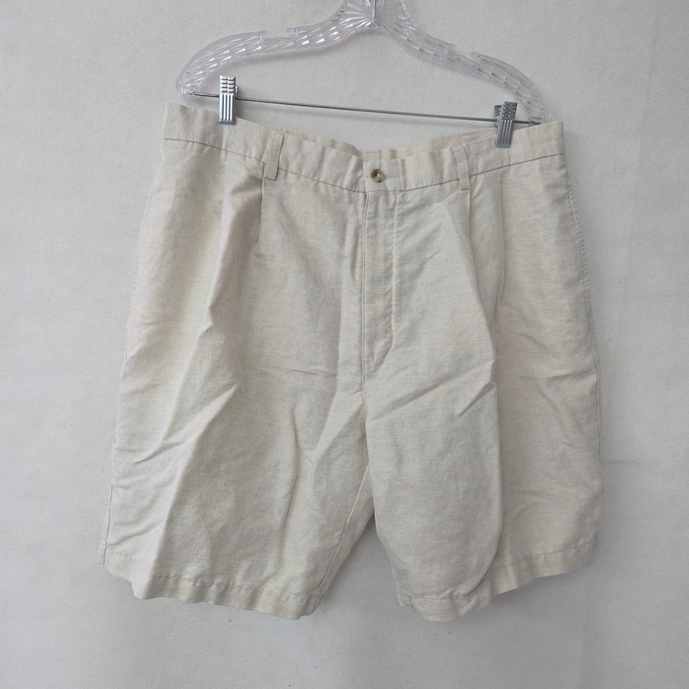 Roundtree & Yorke Shorts Mens 38 Natural Beige Linen Cotton Pleated Relaxed Fit